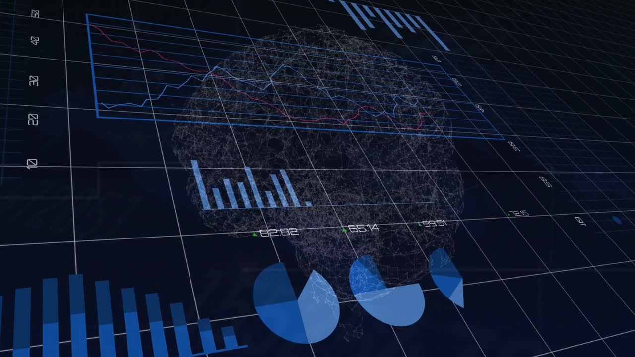 Animation of statistical data processing over spinning human brain against blue background