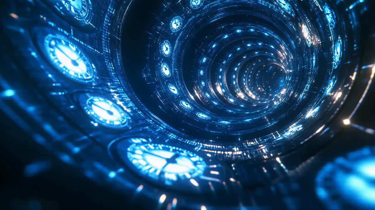 Abstract Futuristic Tunnel with Glowing Rings and Time-Related Elements