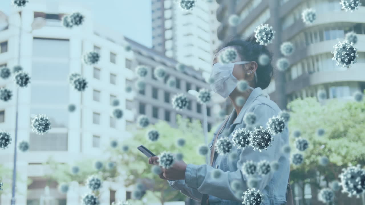 코로나19 애니메이션은 바이러스 세포를 가진 마스크를 쓴 여성을 보여 팬데을 강조합니다.