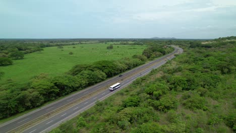 aerial: white bus drives down a scenic freeway crossing the vibrant jungle.