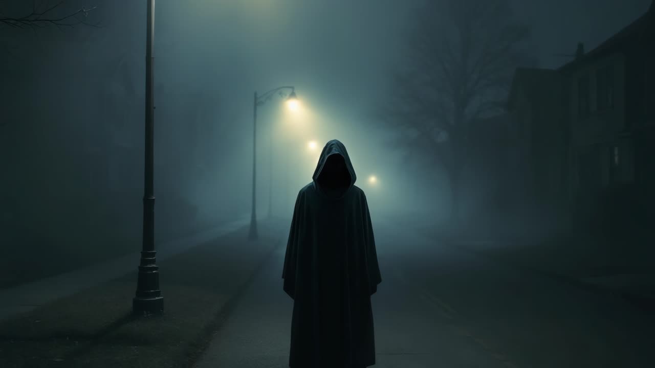 Mysterious figure in hooded cloak stands in foggy street illuminated by dim streetlights