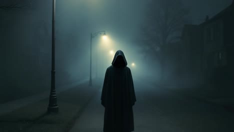 mysterious figure in hooded cloak stands in foggy street illuminated by dim streetlights