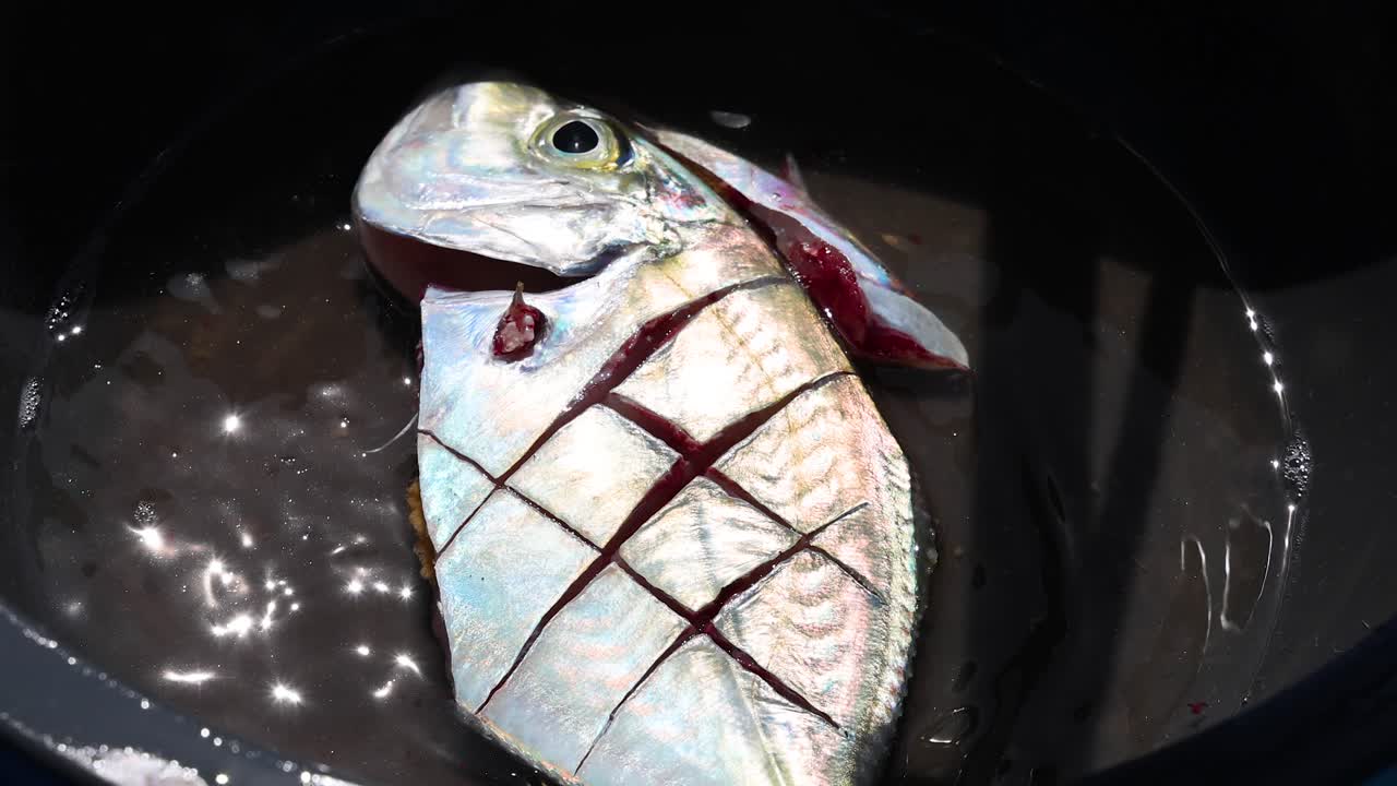 물고기는 뜨거운 기름에 겨서 는 과정을 시끄러운 소리와 변화하는 질감으로 보여줍니다.