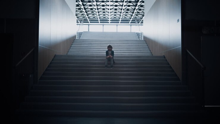 Ensomt skolebarn sidder alene på skoletrappen tæt på. Dreng gemmer sig i hallen.