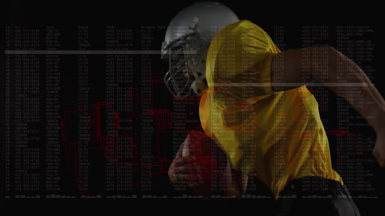 male coder wearing tactical helmet leaning in tech studio, projecting code and red city schematic