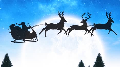 Silhouette-of-santa-claus-in-sleigh-being-pulled-by-reindeers-over-snow-falling-on-winter-landscape