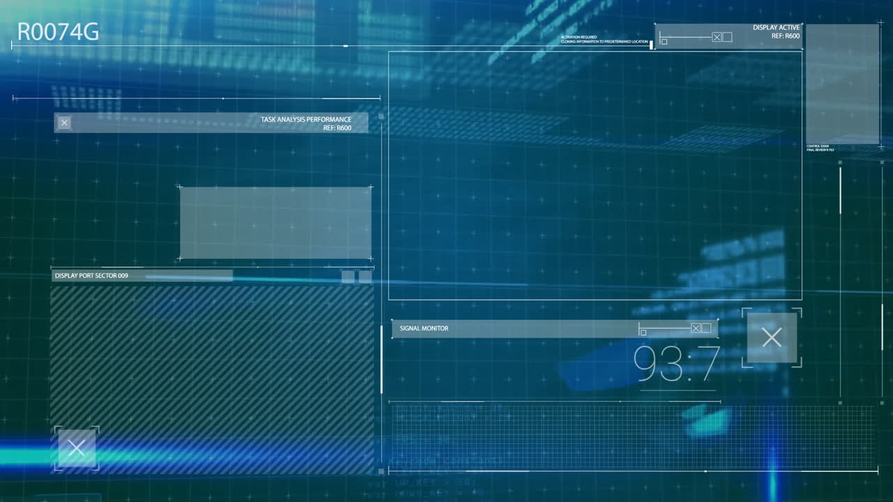 다양한 인터페이스 요소와 파란색 하이라이트를 가진 디지털 데이터 처리 및 분석 애니메이션