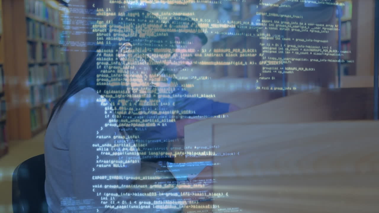 Animation of data processing over two caucasian people studding in the library