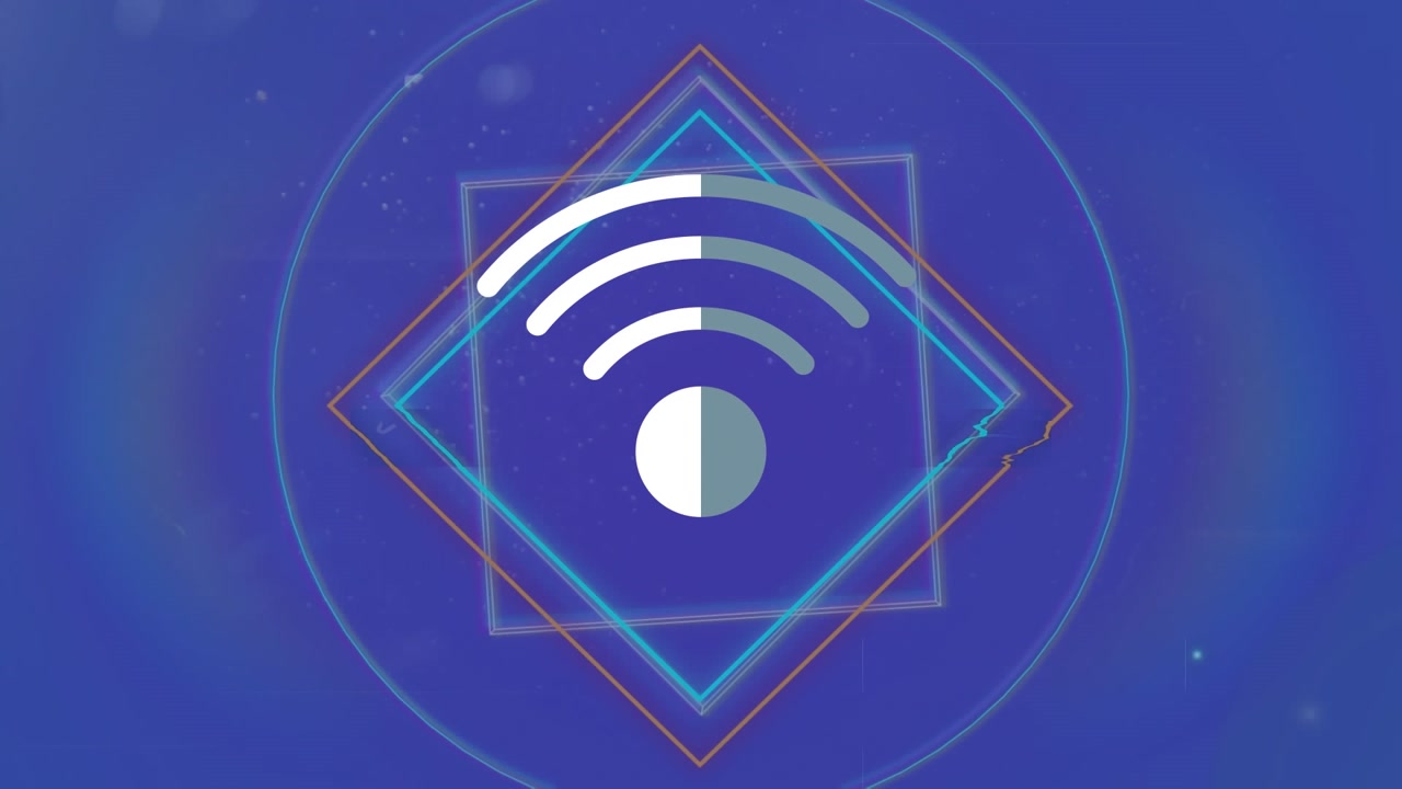 Animation of glitch technique and wi-fi icons over 3d multiple geometric shapes on blue background
