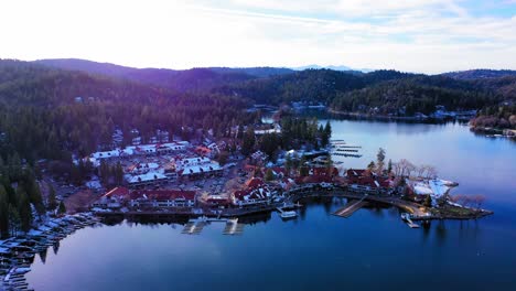 flying over lake arrowhead village with light snow