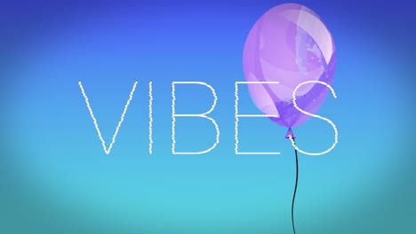 animation of the word vibes in white with floating pink balloon on blue