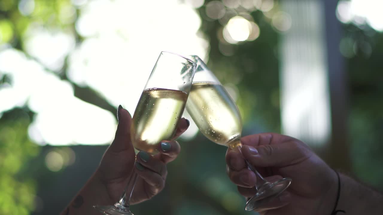 Close-up of two hands holding champagne glasses making a toast. Couple Enjoying.