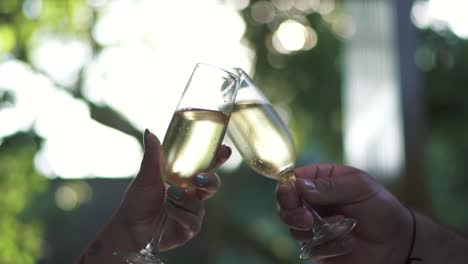 close-up of two hands holding champagne glasses making a toast. couple enjoying.