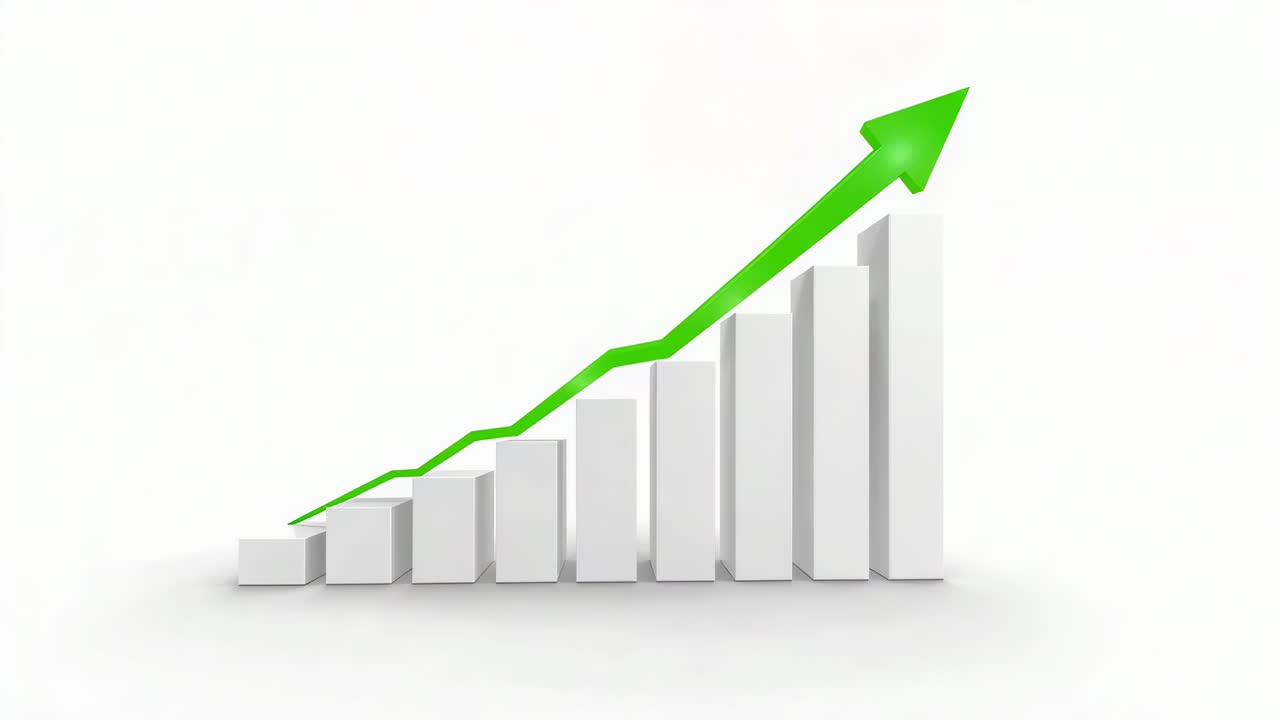Tracing green arrow originating near left bar and rising over nine white 3D bars, indicating growth