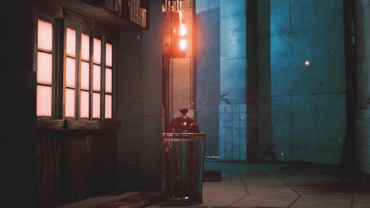 Urban alleyway at night with glowing lights and a trash can
