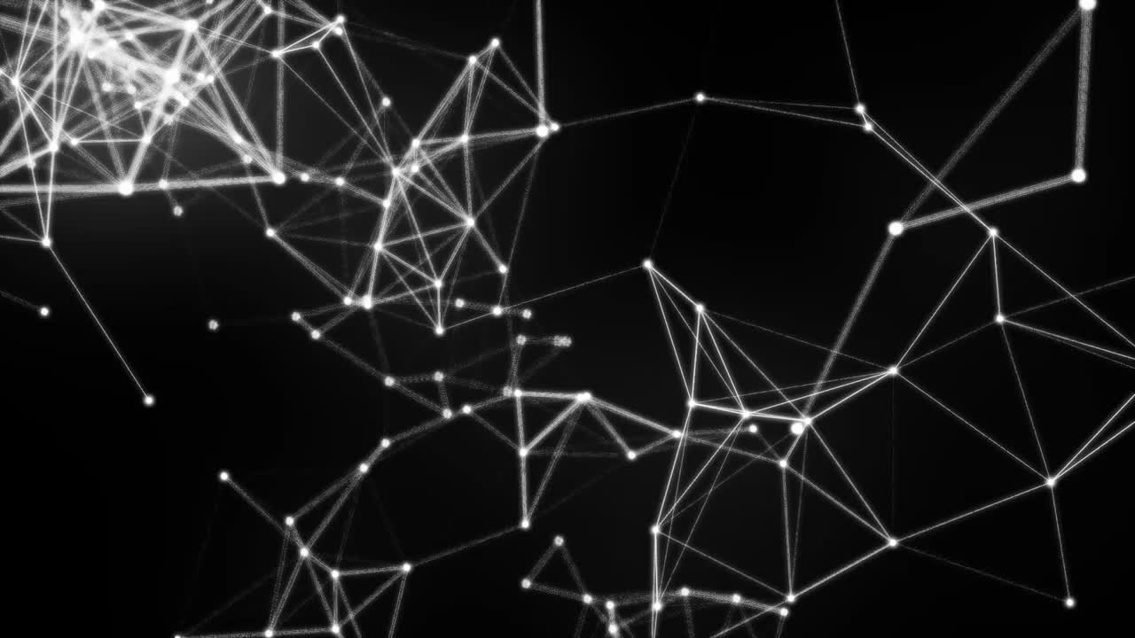 Abstract animation of an evolving white and grey plexus network grid with connected dots and lines on black. Technology, data, communication