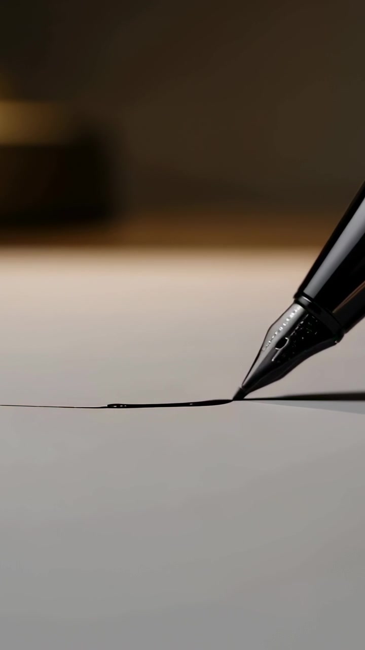 Video verticale: Pennino nero che tocca e disegna una sottile linea nera su carta per uno schizzo, perline, con spazio per il testo.