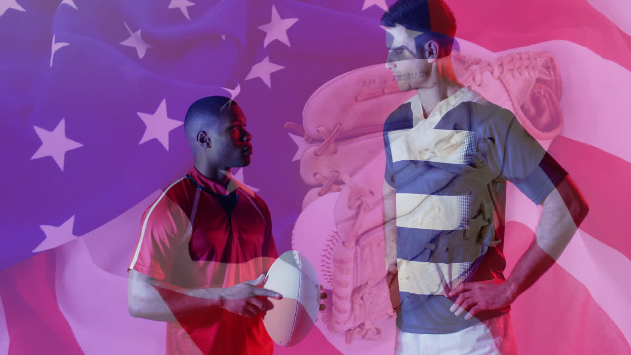 Holding rugby ball with American flag, athletes with sports equipment in animation