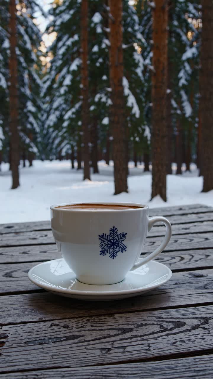 A close-up video shot of a coffee cup with a snowflake design on a wooden table, set against a snowy