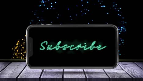 animación del texto de suscripción parpadeante que se muestra en la pantalla del teléfono inteligente en una superficie de madera