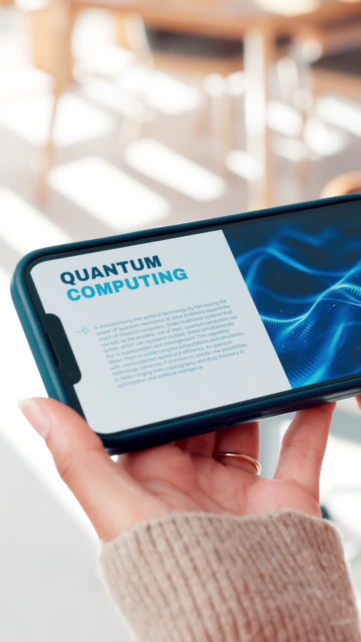 Hands Holding Smartphone Displaying Quantum Computing Presentation