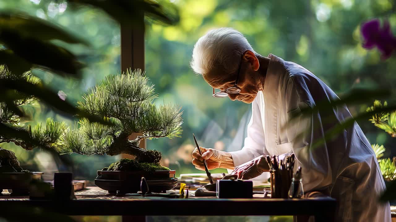 An Elderly Artist in a Serene Garden Cultivates His Bonsai Trees, Masterfully Shaping Each Detail with Precision and Care, Surrounded by Nature’s Beauty and Tranquility