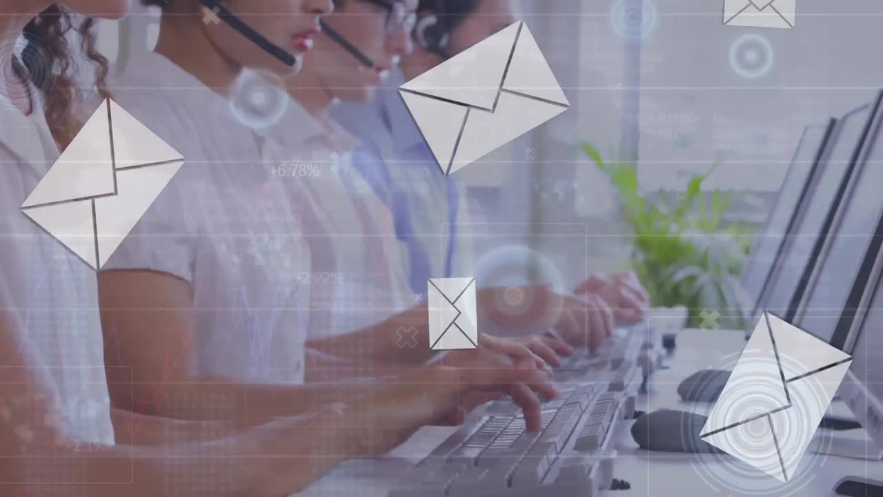 Animazione di una rete di connessioni e icone su persone che indossano cuffie telefoniche.
