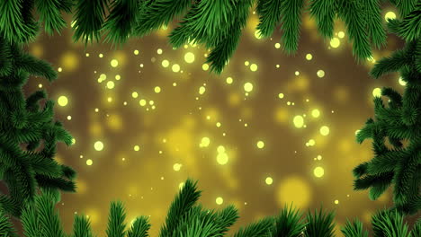 Animation-of-fir-tree-branches-with-glowing-lights-on-yellow-background