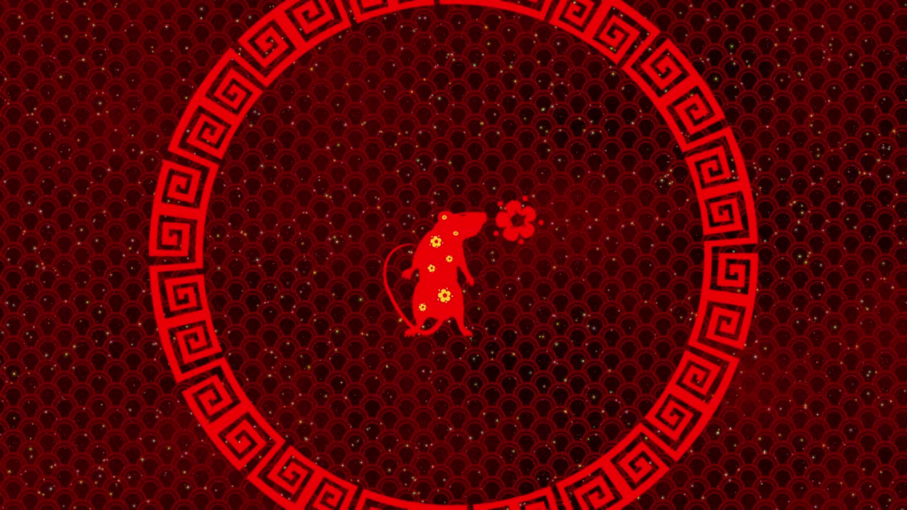 fondo de año nuevo chino rojo con oro, rata, fuegos artificiales, estrellas relucientes 3d rendering bucle 4k. mágica feliz año nuevo animación