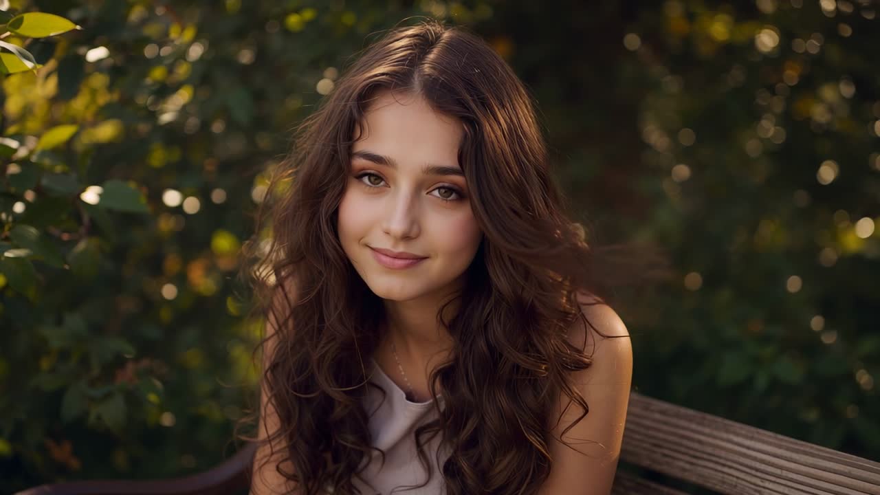 Smiling female facing lens on park bench, zooming causing leaning, sleeveless top, pendant glinting