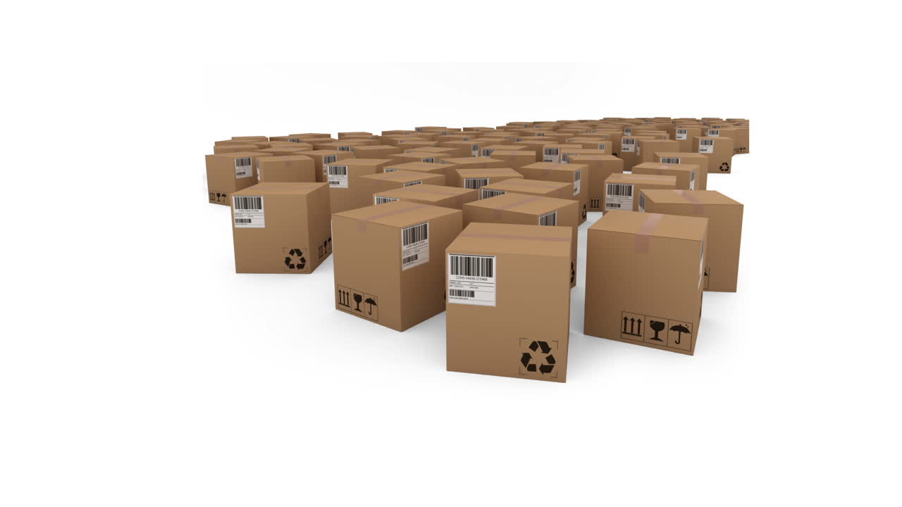 Animation of multiple cardboard boxes moving on white background