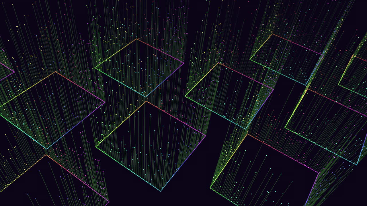 Bright and vibrant checkerboard colorful grid of equally spaced squares on a black background