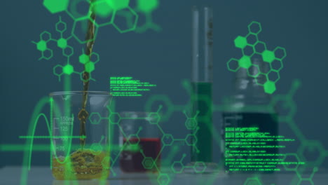 animación del procesamiento de datos científicos sobre vasos y tubos de ensayo en el laboratorio