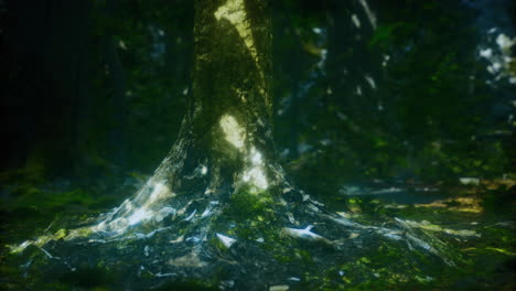 roots of a majestic tree illuminated by dappled sunlight in a lush forest