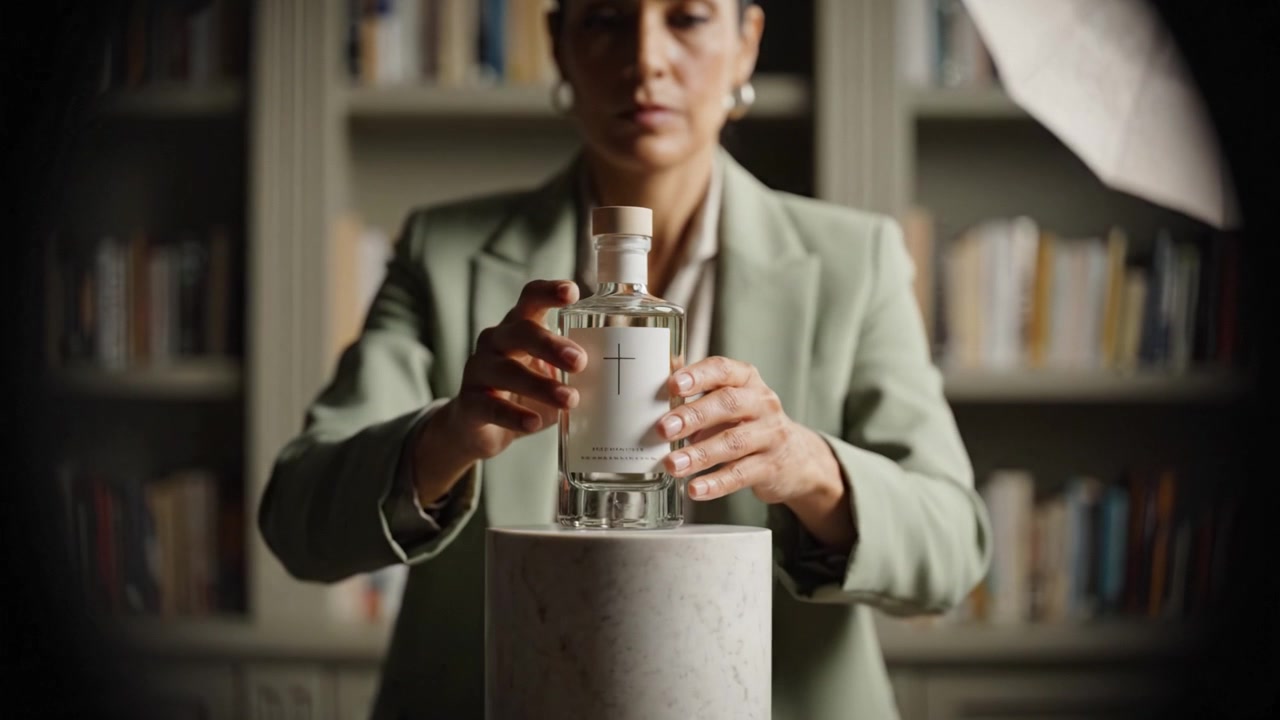 A woman delicately showcases a glass bottle on a marble pedestal, blending elegance with a captivating visual narrative in an indoor setting filled with books.