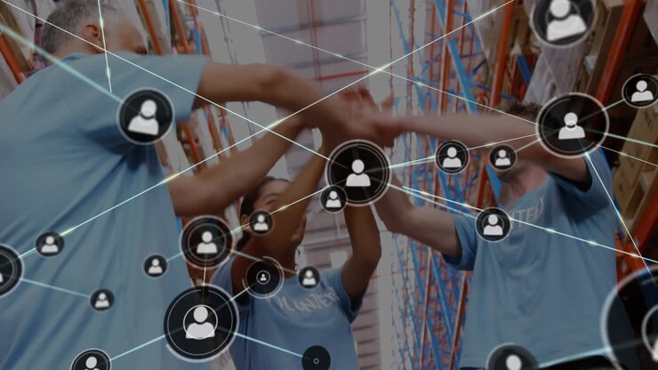 Animation of network of connections over diverse volunteers in warehouse