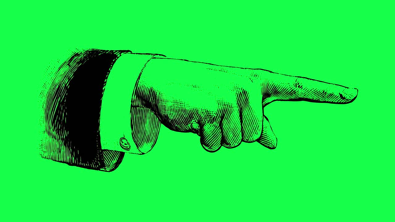 Animert gravert hånd som peker mot høyre og ned på grønn skjerm
