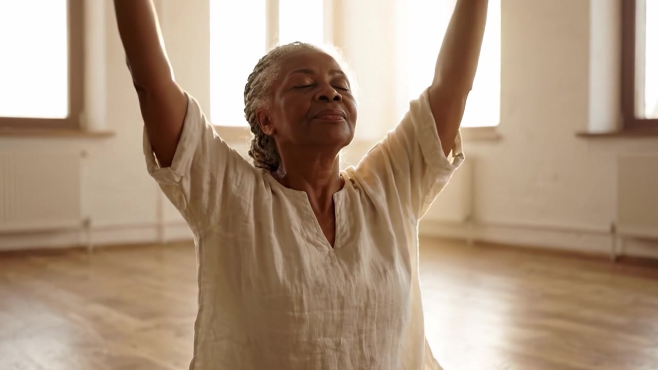 Uma Jornada Serena de Autodescoberta: Uma Mulher Idosa Praticando Meditação Consciente e Conexão Espiritual em uma Sala Iluminada pelo Sol, Abraçando a Paz Interior e a Tranquilidade