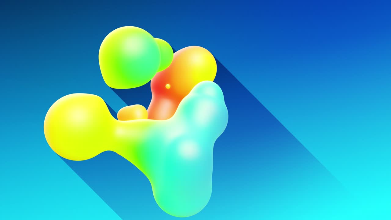 다채로운 공이나 거품은 대중적인 색상과 지하 빛을 가진 물질로 공중에 날아다니며 물방울과 같은 메타볼, 긴 그림자를 던지는 구로 융합됩니다.