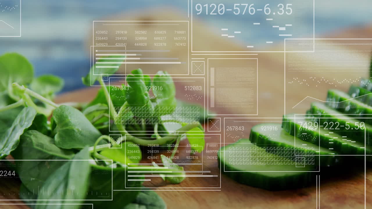 Digital data processing overlay on fresh green leaves in nature scene