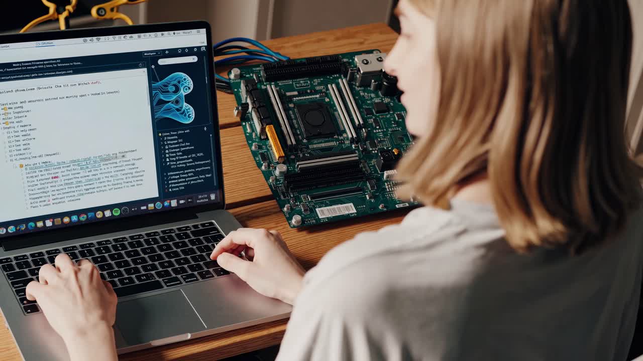 Woman working on laptop and circuit board