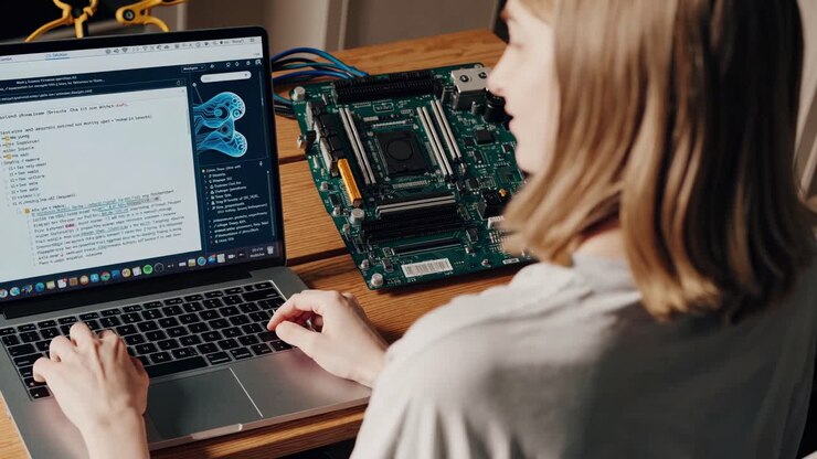 Woman working on laptop and circuit board