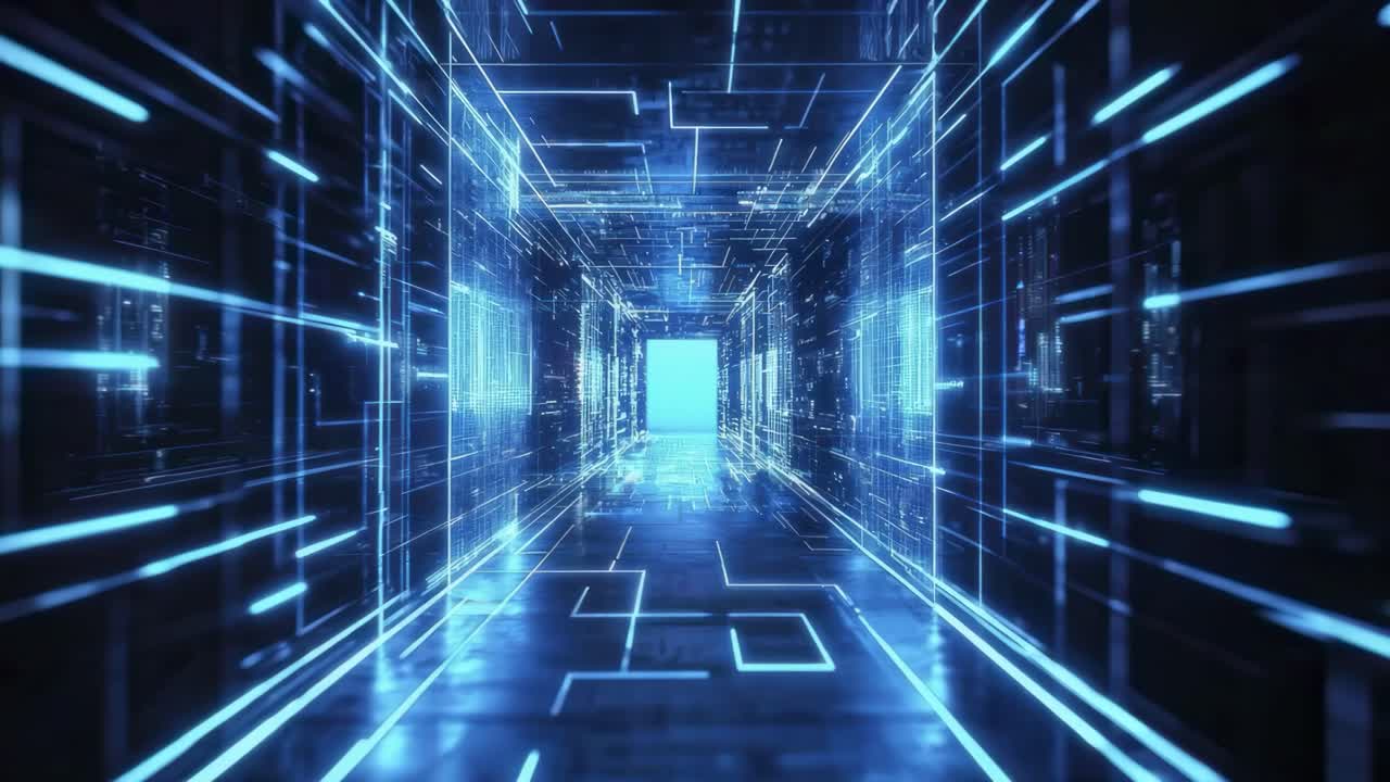 Futuristic corridor with glowing blue lines, creating a digital matrix effect