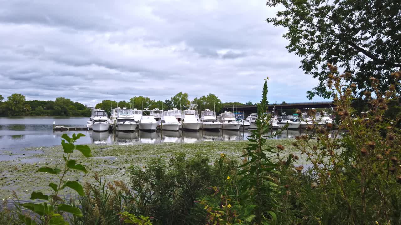 Boats on the shore of the lake and bridge in Boston