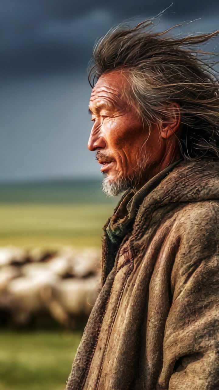 Un berger contemplatif se tient dans le vent, entouré de moutons broutant dans un paysage verdoyant sous un ciel maussade et spectaculaire, capturant un moment rural intemporel
