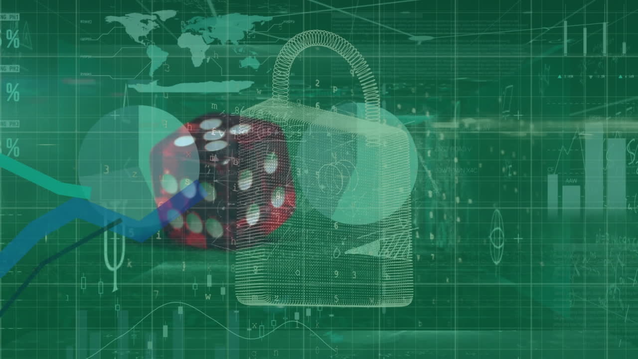 animación del procesamiento de datos y candado sobre los dados