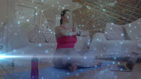 animación de la red de conexiones sobre la mujer meditando haciendo ejercicios en casa