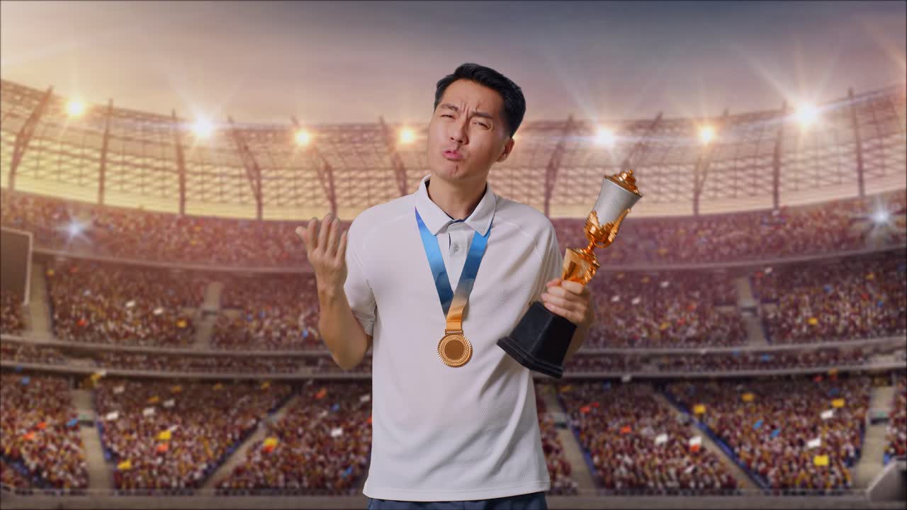 preguntándose hombre asiático con una medalla de oro mirando el trofeo dudosamente en el estadio