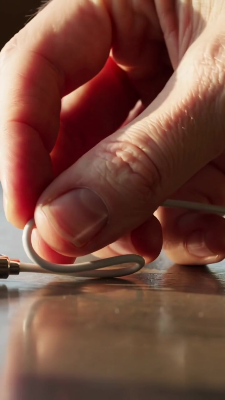 Vertical video: Entering right-hand pinching, coiling white cable on table making coil near plug