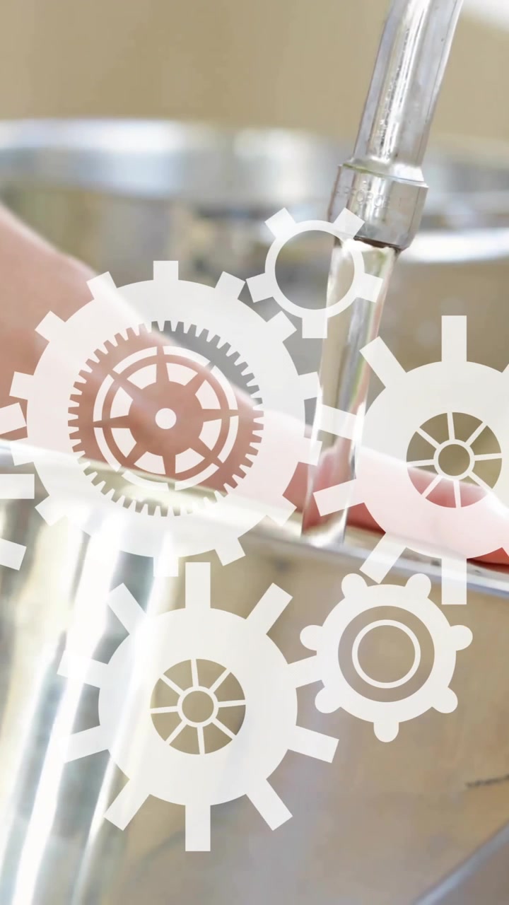 Washing dishes in sink with gears and cogs animation over hands and faucet